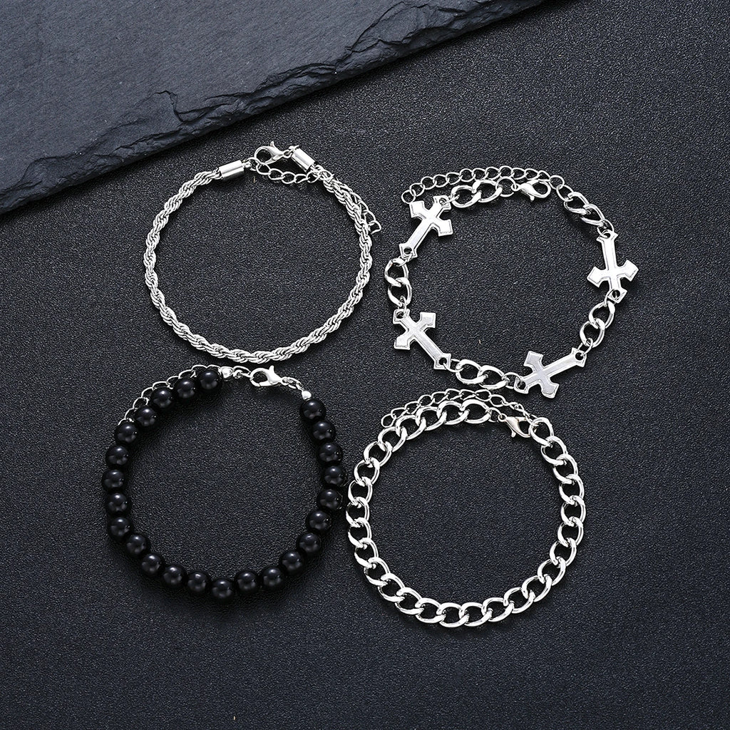 4 Stück Edelstahl Armband Set Für Männer Frauen Punk Mode Kreuz Perlen Kettenarmbänder Einfache Hip Hop Unisex Schmuck Geschenk Neu
