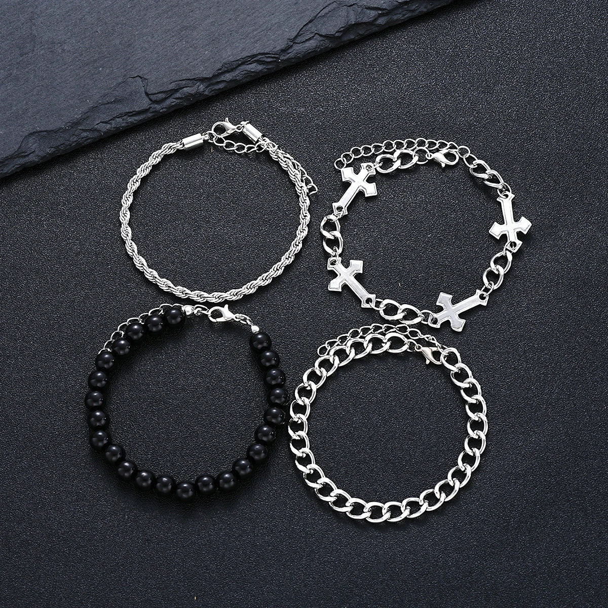 4 Stück Edelstahl Armband Set Für Männer Frauen Punk Mode Kreuz Perlen Kettenarmbänder Einfache Hip Hop Unisex Schmuck Geschenk Neu