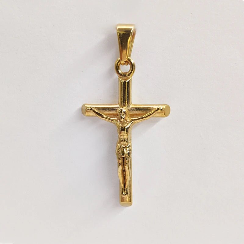 Cruz de Jesús de Acero Inoxidable Chapado en Oro de 18k, Collar con Colgante para Hombre y Mujer, Joyería Religiosa Impermeable