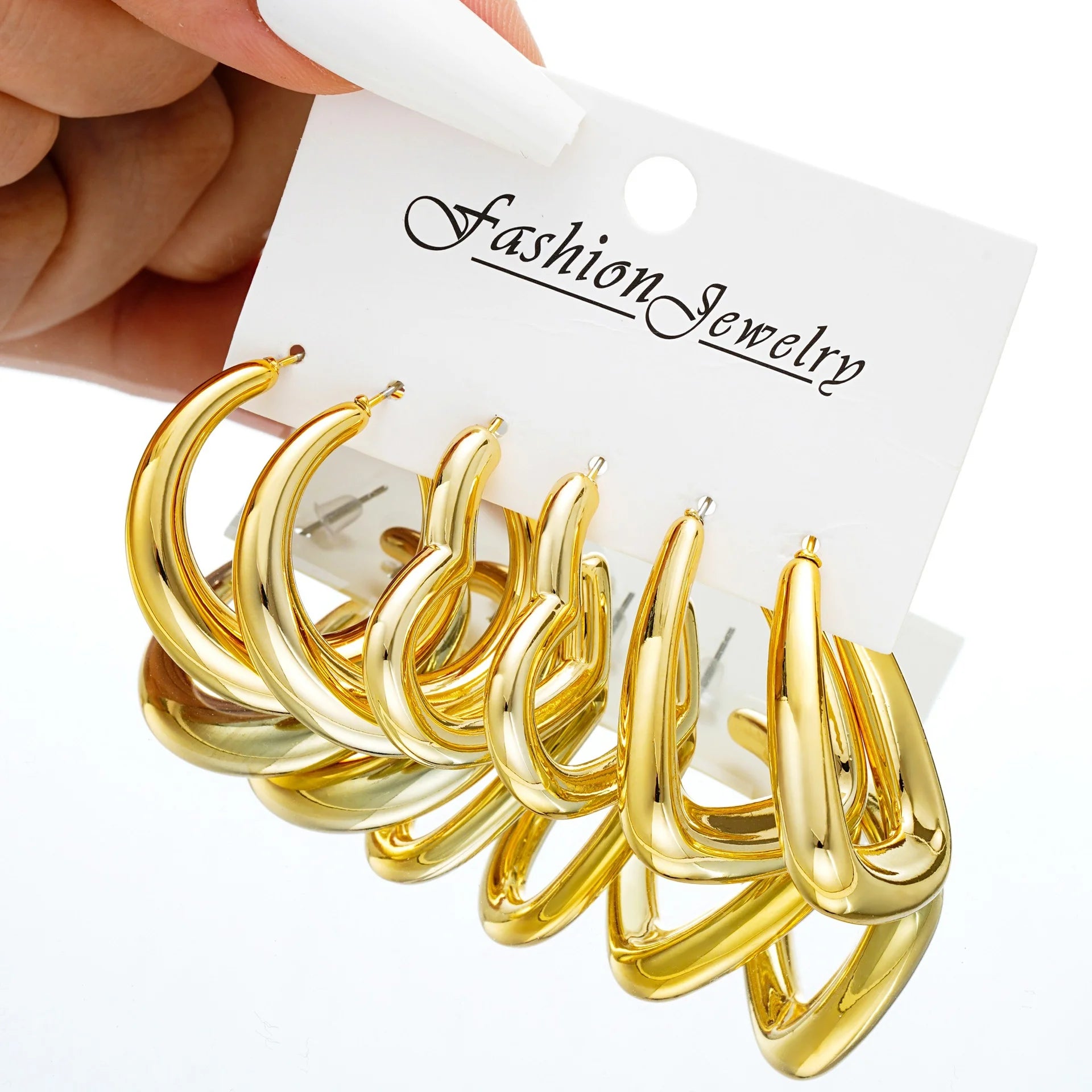 6-teiliges klobiges, vergoldetes Wasserfall-Creolen-Set für Damen – europäischer und amerikanischer minimalistischer, glatter Kreis-Tropfenohrring-Schmuck