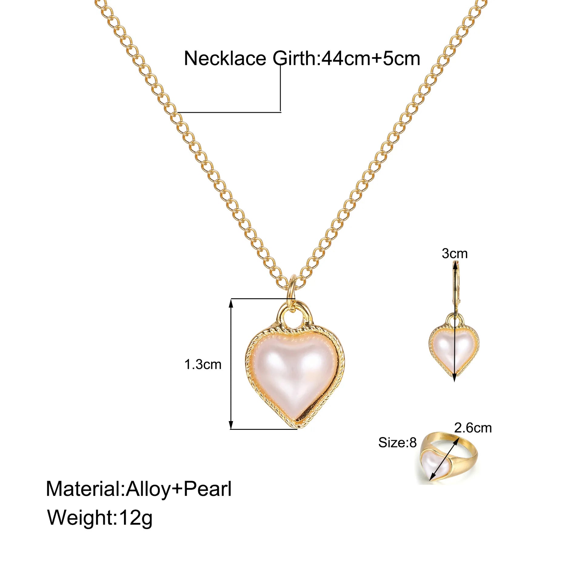 Mode 3-teiliges Set Perlenschmuckset für Damen Koreanischer Herzring Anhänger Halskette Creolen Set Trendiges Elegantes Hochzeitsgeschenk