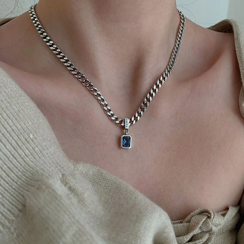 Cadena de Plata de Ley 925 Vintage Cuba con Colgantes de Circonitas Cuadradas, Collares Femeninos, Accesorios de Joyería para Mujer, Plata 925