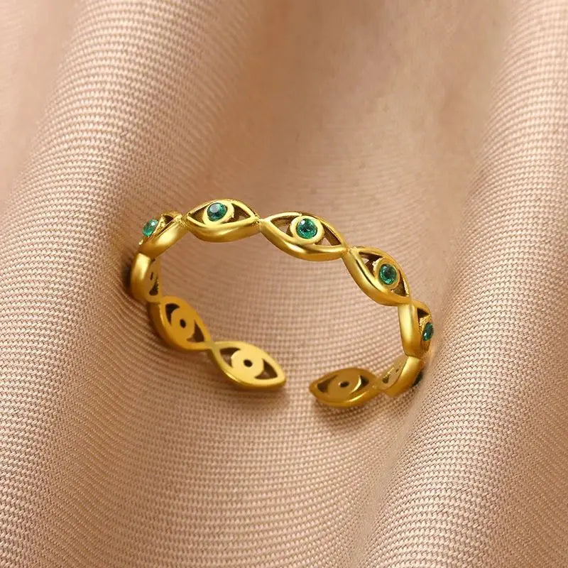 Grüner Zirkon Böser Blick Ringe für Frauen Edelstahl Goldfarben Geometrisch Offener Ring Neu Hochzeit Wasserdichter Modeschmuck Geschenk