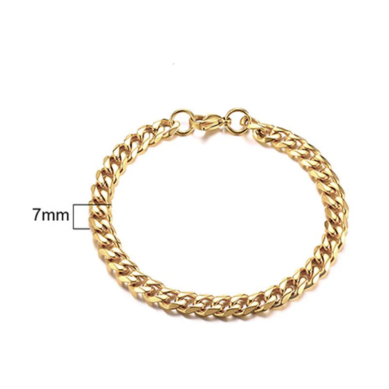 Edelstahl-Kettenarmband für Damen, 3 mm bis 9 mm, Curb Cuban Chain Armreif, Goldfarben, Unisex, stapelbarer Schmuck
