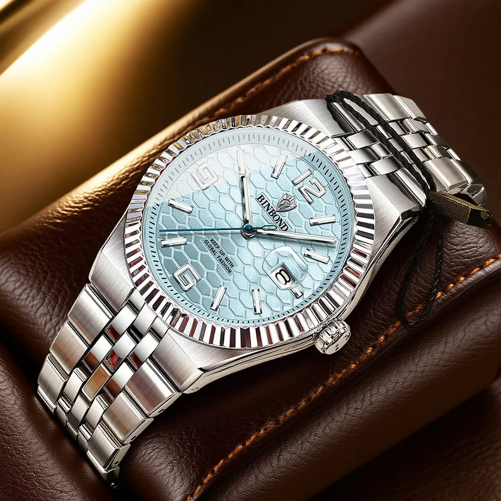 BINBOND Reloj de Hombre Original de Alta Calidad Impermeable Luminoso Fecha Lujo Reloj de Hombre de Acero Inoxidable Relojes de Cuarzo para Hombre Masculino