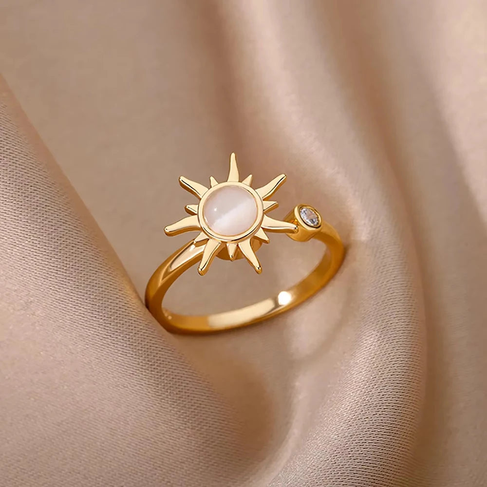 Anillos de girasol de circonita de moda para mujer, de acero inoxidable chapado en oro, anillo geométrico, joyería estética de moda para bodas y fiestas, regalos