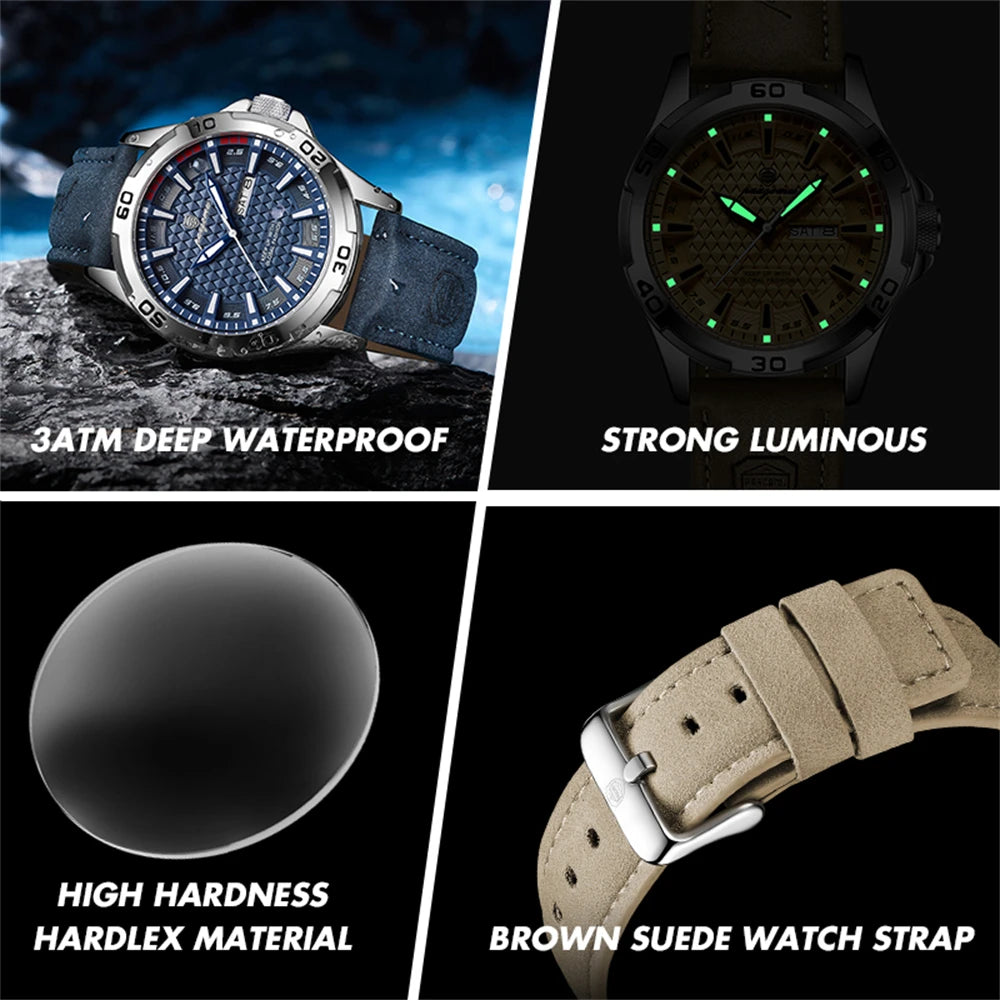 PAAZOMU Reloj de pulsera original para hombre, de lujo, resistente al agua, luminoso, con fecha y semana, de cuarzo deportivo, de cuero, para hombres Reloj