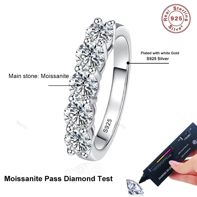 NeeTim Full 4mm Moissanit Ring für Frauen 5 Steine Diamant Ehering Braut S925 Sterlingsilber mit Weißgold plattierten Ringen