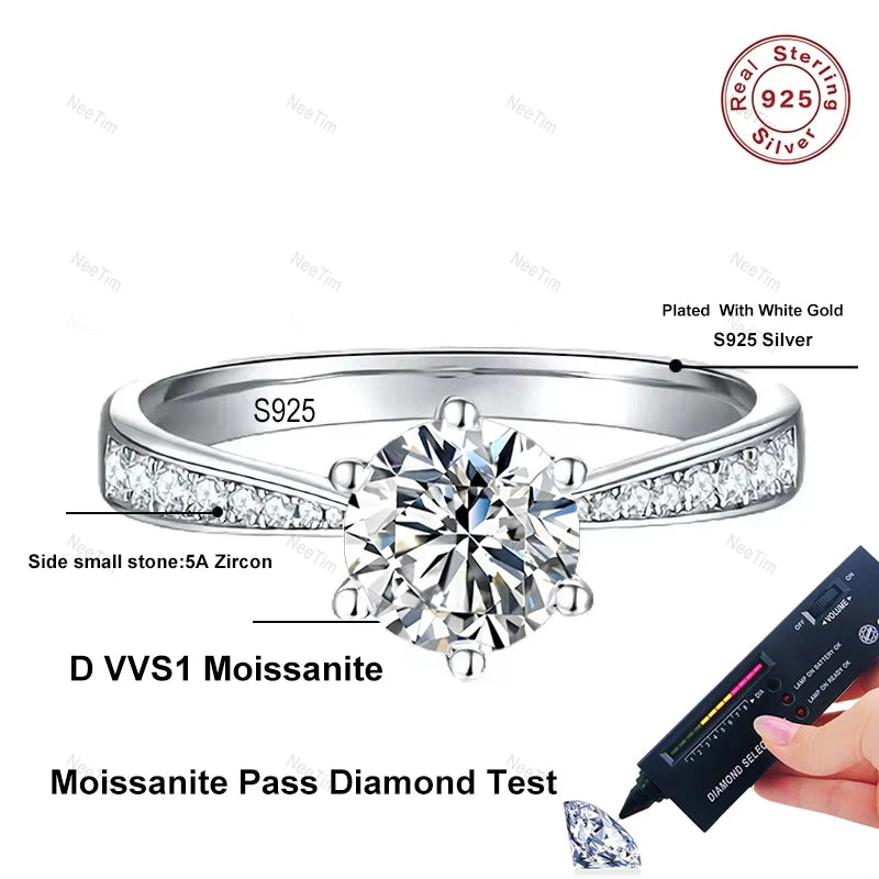 NeeTim Echter 3 Karat Moissanit-Verlobungsring für Damen, 925er Sterlingsilber, runder Brillant, Labor-Diamant-Verlobungsringe Geschenk