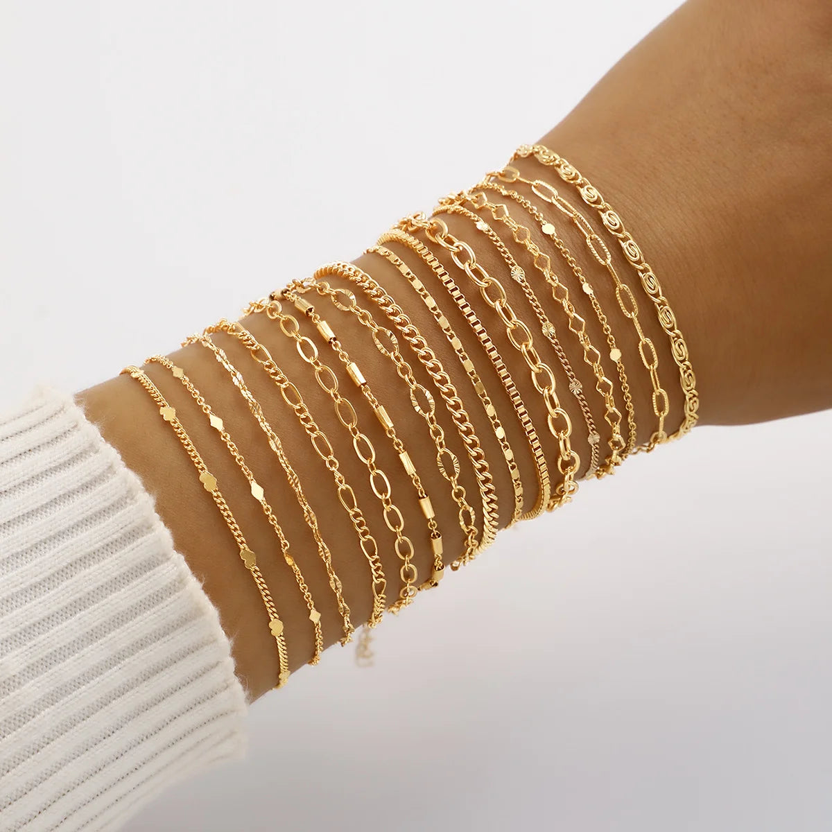 16tlg. minimalistisches Herz-Perlen-Strass-Schlangenketten-Armband-Set für Damen Elegante Goldfarbe Verabredungen Urlaube Alltagsschmuck