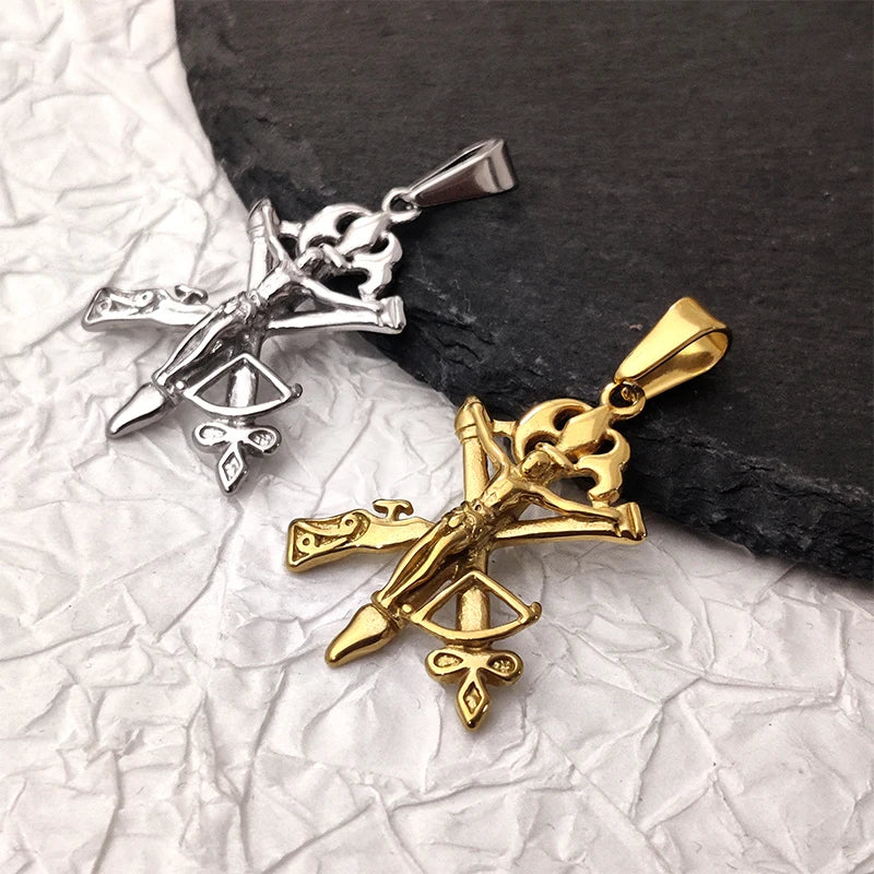 Collar de Cruz de Jesús para Hombre, Chapado en Oro de 18 quilates, Acero Inoxidable, Colgante de Flecha de Pistola Cristiana, Joyería Religiosa, Regalo