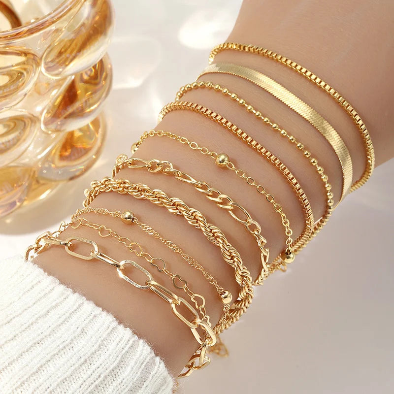 10 Stück Vintage Statement Goldfarbene Flache Schlangenkette Boxkette Armband Boho Mehrschichtiges Metallarmband Damen Sommer Schmuck