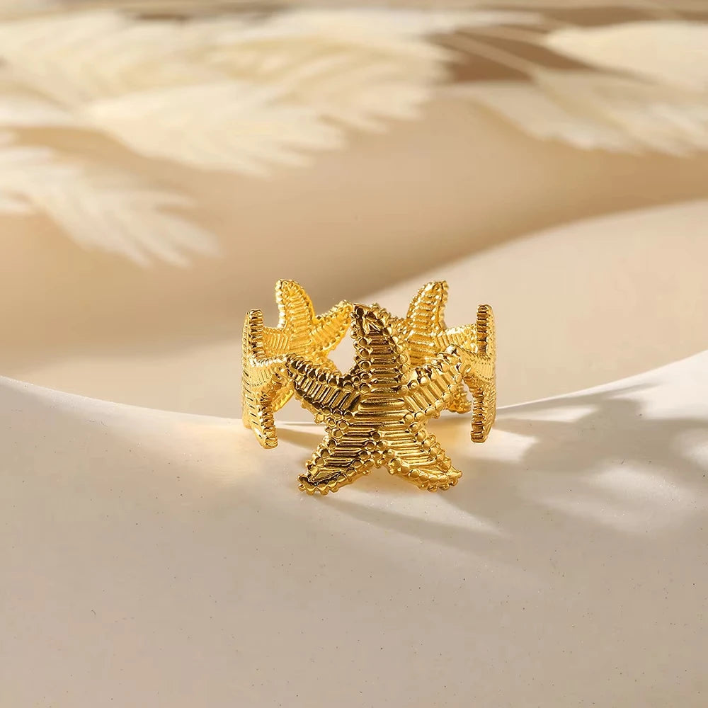 316L Edelstahl Seestern Muschel Ringe für Frauen Gold Farbe Offener Fingerring Femme Trendiger Sommerurlaub Ozean Schmuck Geschenk