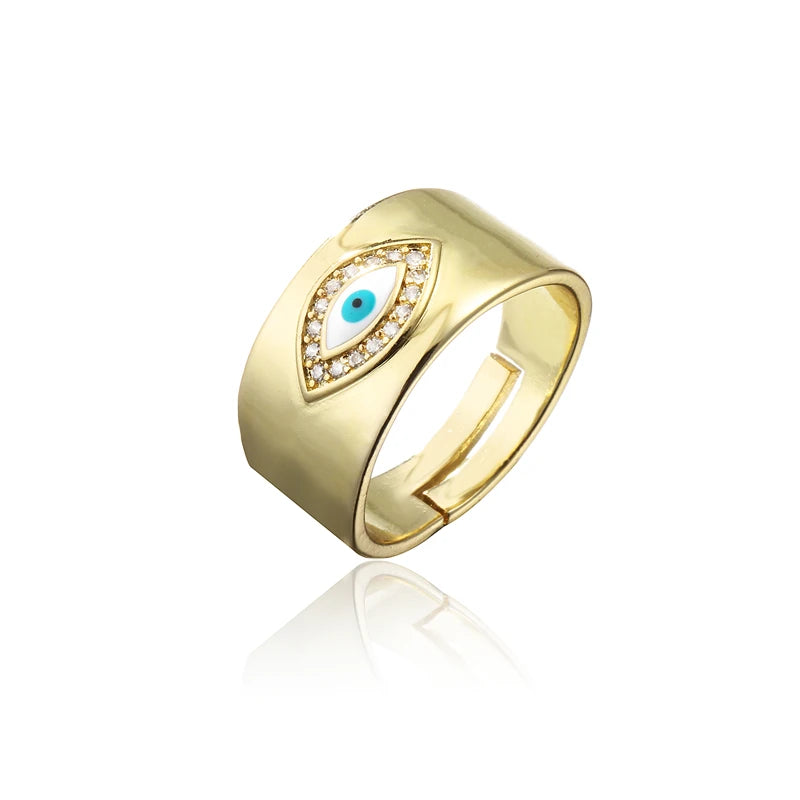 NEWBUY 2024 Mode Goldfarbe Kupfer Hochzeitsschmuck AAA CZ Böses Auge Design Offener Ring Für Frauen Mädchen Verlobungsgeschenk