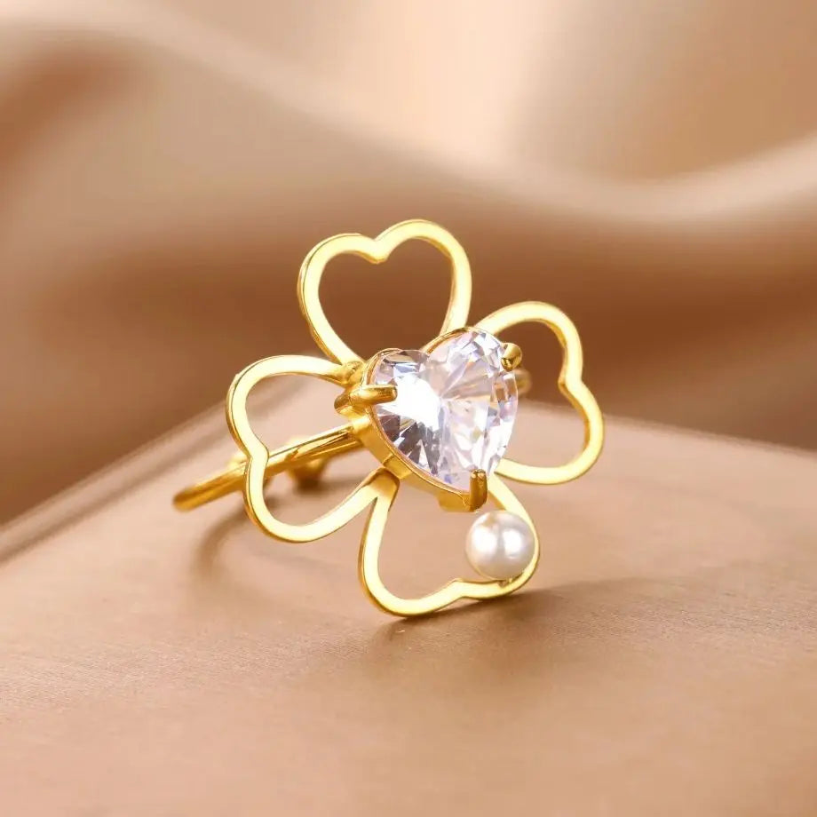 Edelstahl Vierblättriges Kleeblatt Ringe für Frauen Goldfarbe Zirkon Öffnung Paar Ring Ästhetischer Hochzeit Bohème Schmuck Geschenk