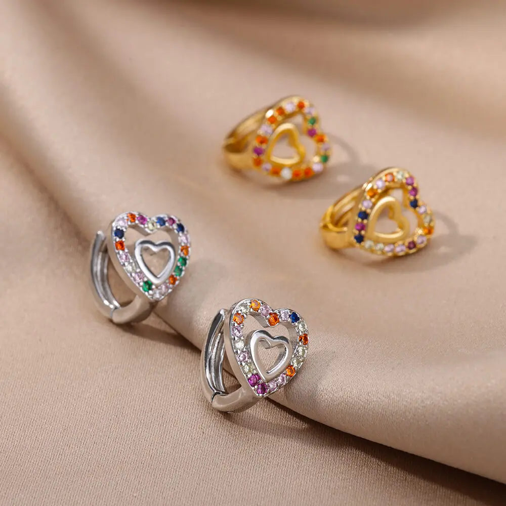 Zirkon Herz Ohrringe für Damen, Edelstahl, goldfarben, Piercing-Ohrringe, Trendschmuck 2025, Aretes, Accessoires für Frauen
