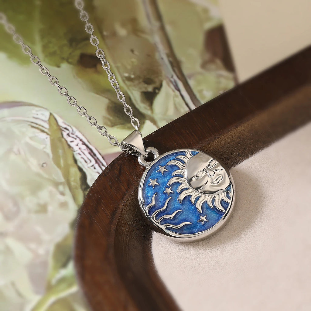 NEWBUY Delicate Blue Oil Dripping Star Moon Sun Round Pendant Necklaces For Elegant Women Bitrhday Gift