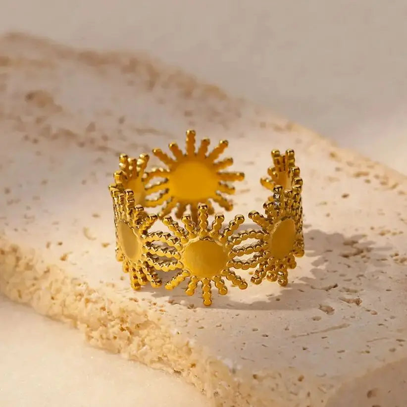 Anillos de Sol Vintage para Mujer Color Dorado Acero Inoxidable Anillo de Sol Boda Pareja Estético Moda Boda Navidad Joyería Regalo