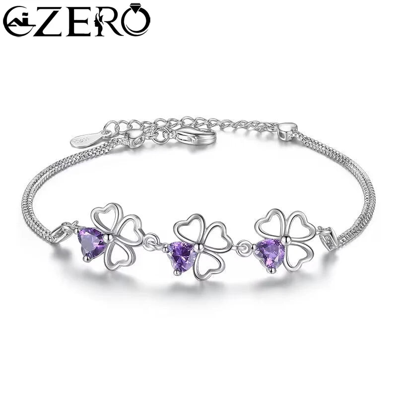 NEU Feine 925 Sterling Silber Lila Kristall Glücksklee Armbänder für Damen Mode Party Hochzeit Accessoires Schmuck 17CM+4CM