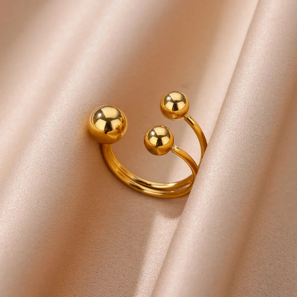 Edelstahl glatt doppelte Kugelperlenringe für Frauen Vintage Opal Natursteinring Mode Goldfarbe Ästhetischer Schmuck