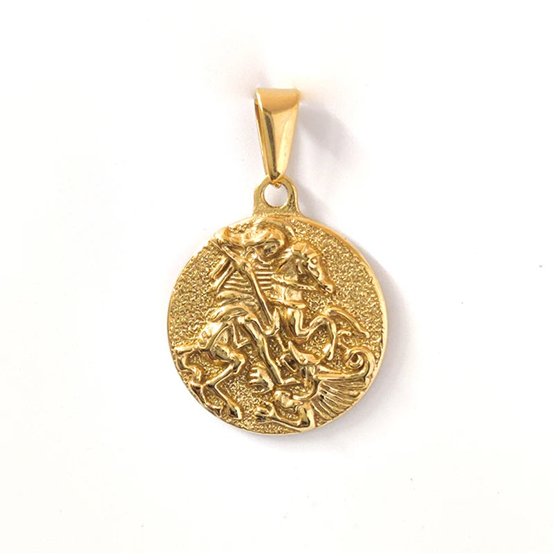 Joyas Impermeables Chapado en Oro de 18k Colgante de San Jorge Acero Inoxidable Colgante de Poseidón Búho Espartano Medalla Religiosa para Hombre