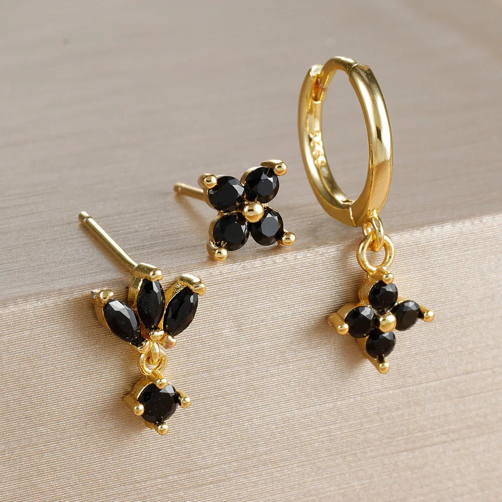 3 Paar modische orange-blaue Zirkon-Hängeohrringe für Damen, Edelstahl-Blumen-Baumelohrringe, Piercing-Schmuckset