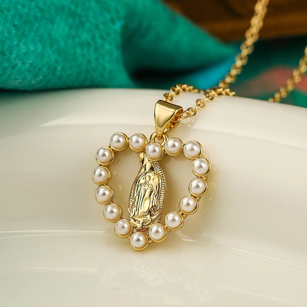 NEWBUY High Quality Women's Religious Jewelry Copper CZ Zircon Inlay Virgin Mary Pendant Stainless Steel Chain Necklace