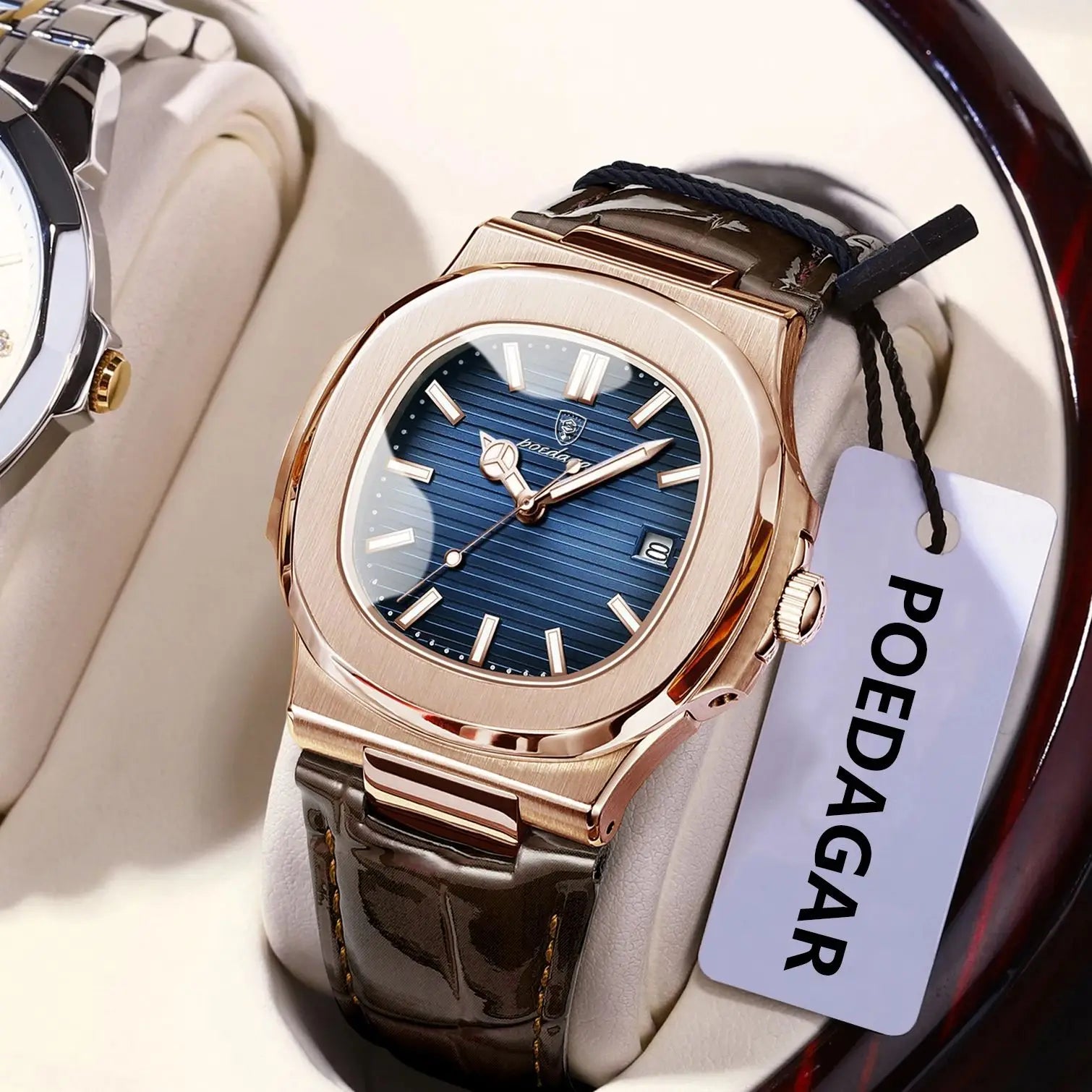 POEDAGAR Reloj de Cuarzo de Cuero para Hombre, a la Moda, Cuadrado, Impermeable, Luminoso, con Fecha, de Negocios, Casual, Reloj de Pulsera para Hombre