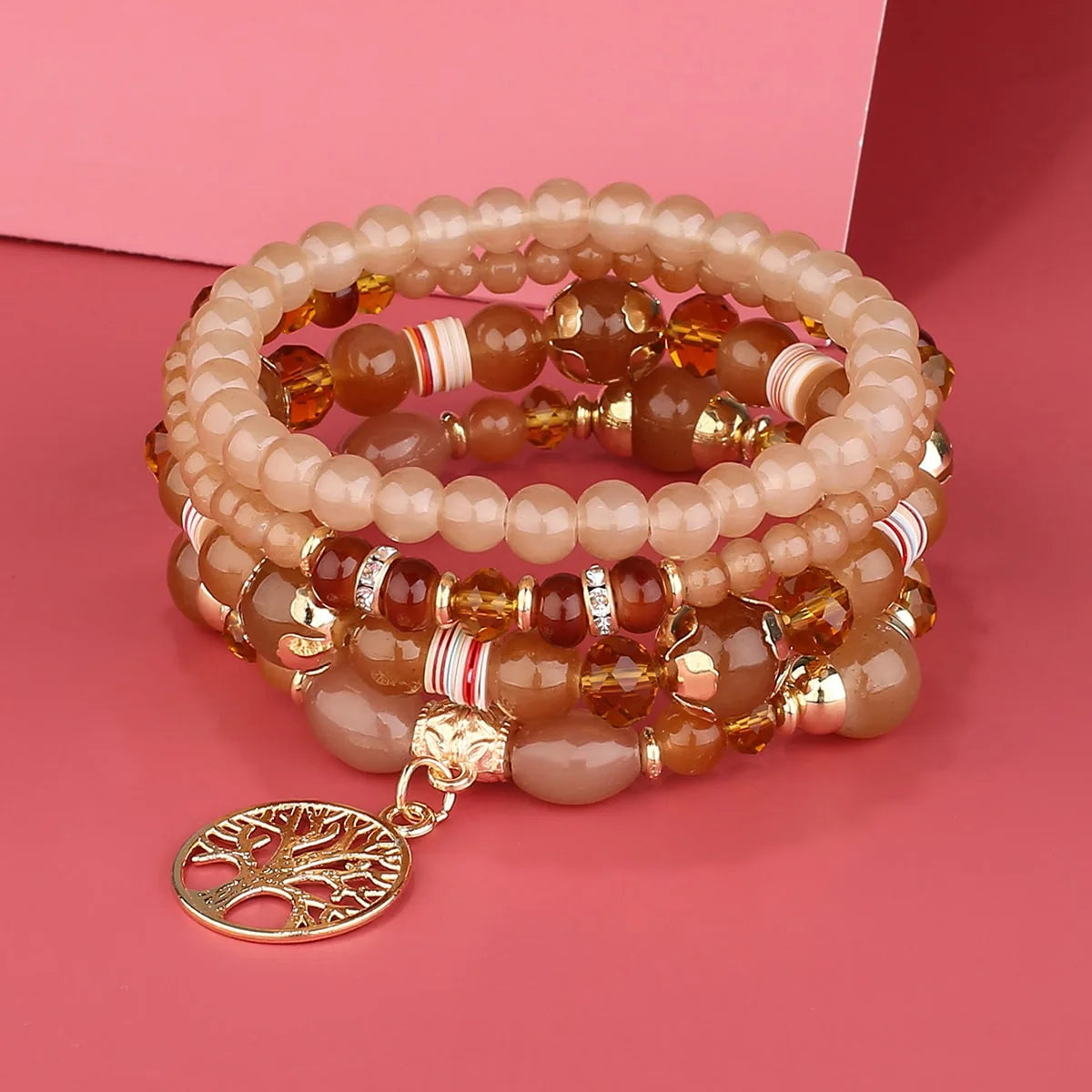 4er-Set Baum des Lebens Charm Armband für Damen, handgemacht, Acrylperlen, Kettenarmreif, weiblicher Boho Schmuck Accessoires
