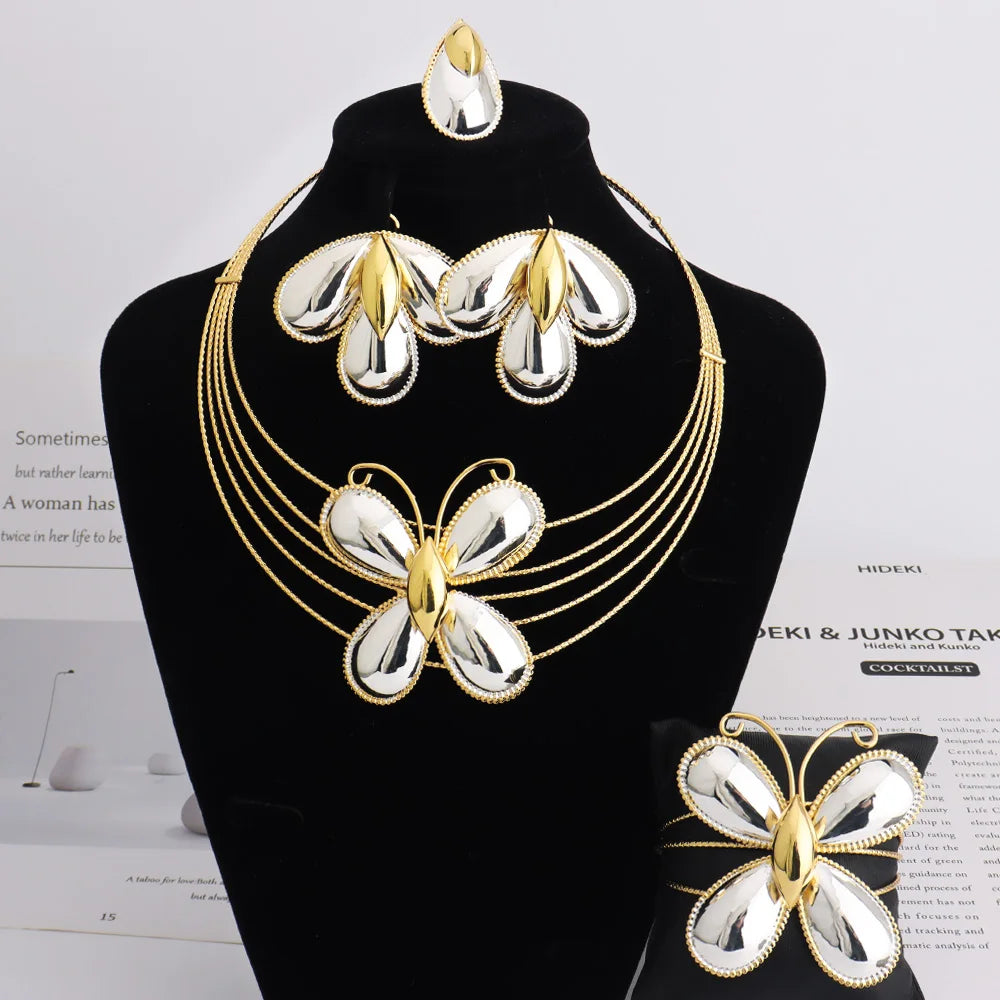 Dubai Luxuriöser Schmuck 4-teiliges Damen-Mode-Set mit trendigen Blumenohrringen, Anhängerkette, Armband, vergoldeter Schmuck, Partygeschenke
