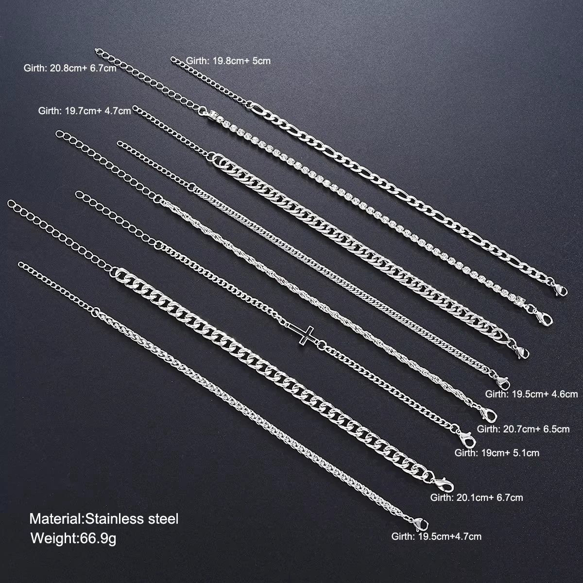 8 Stück Edelstahl Kreuz Cuban Armbänder für Männer Frauen Punk Silber Farbe Kristall Twist Kette Armband Täglicher Gebrauch Mode