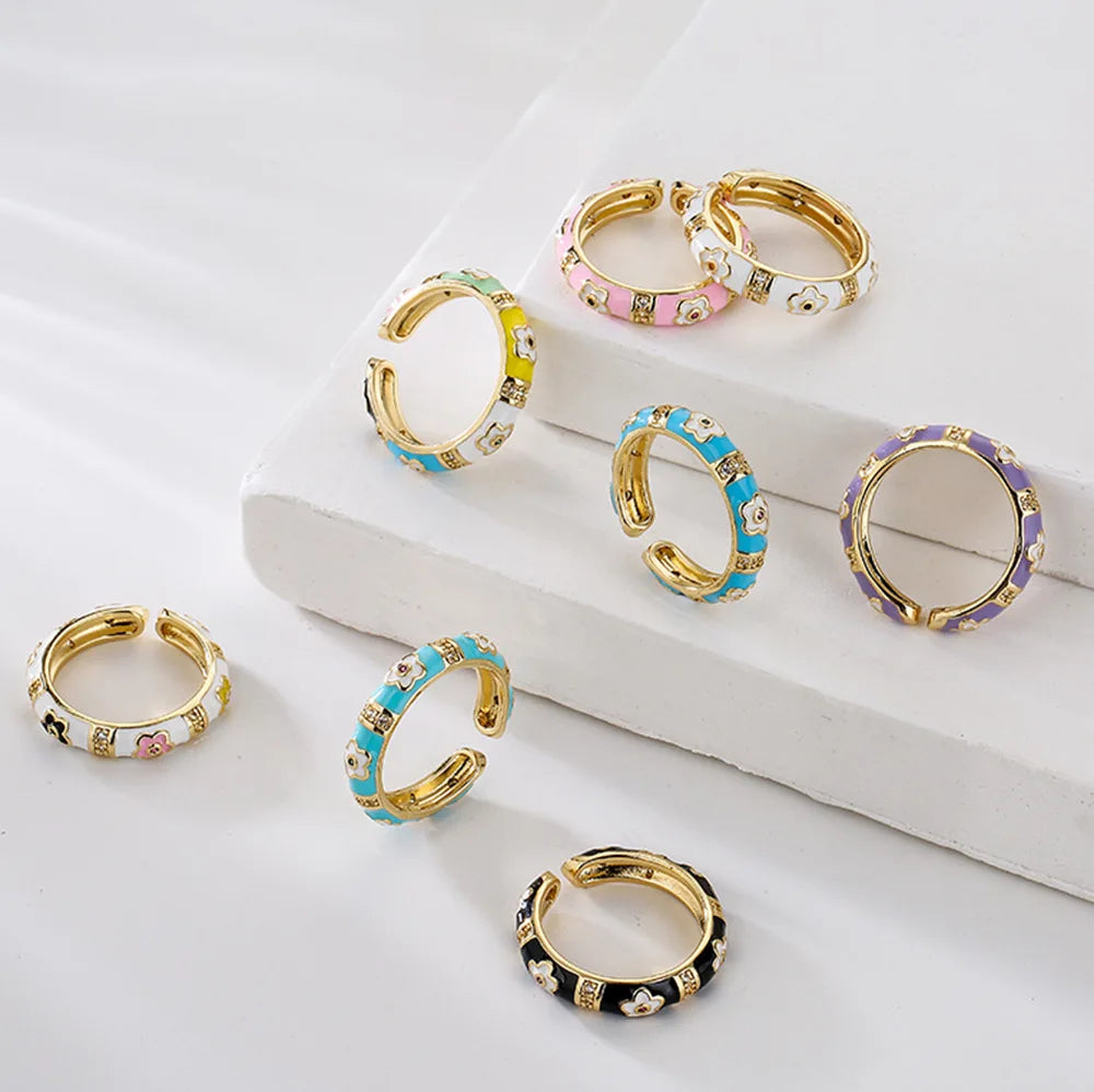 NEWBUY Bunte Emaille-Eheringe für Frauen, ovaler Blumen-Fingerring, weibliche Party-Schmuckaccessoires Großhandel