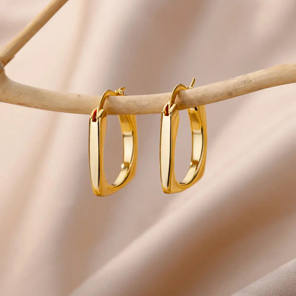 Edelstahl Creolen für Damen Goldfarbe Geometrischer Quadrat Zirkon Ohrring Weibliche Hochzeit Ästhetischer Schmuck Geschenk Mujer