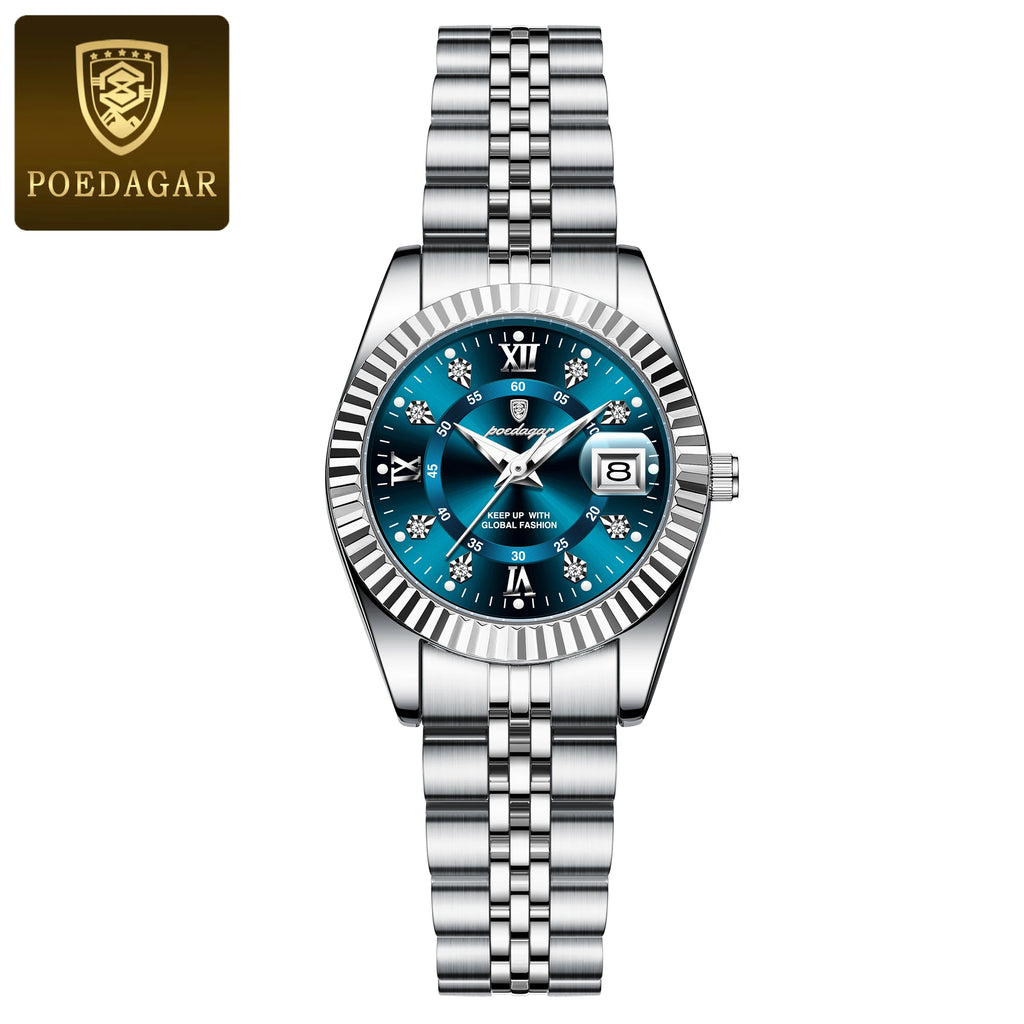 POEDAGAR Luxus elegante Damenuhr Wasserdicht Leuchtendes Datum Damenuhr Edelstahl Quarz Damenuhren Mädchen Reloj