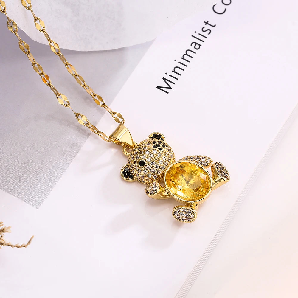 NEWBUY Hot Sale 2 Style Lovely Bear Pendant Necklaces For Women Shiny CZ Zircon Inlay Gold Color Copper Jewelry
