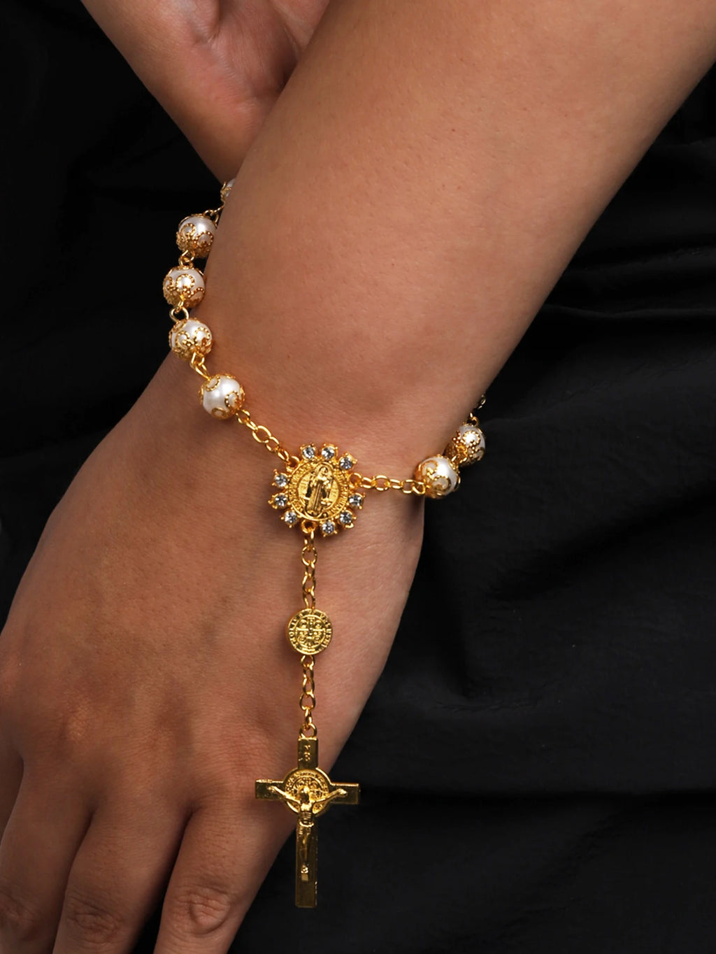 Rosenkranz-Armband mit zehn Perlen, Heiliger Benedikt, Kruzifix, göttliche Barmherzigkeit, Geschenk für Frauen und Männer
