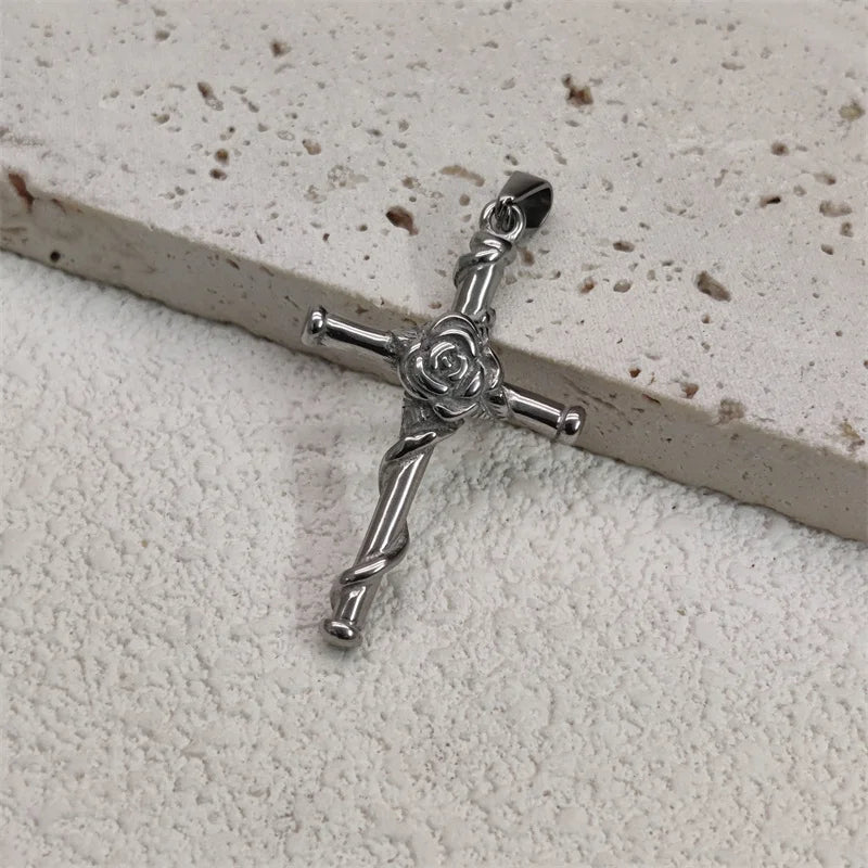 Collar con colgante de cruz de rosa con dije de acero inoxidable chapado en oro de 18k, vintage, impermeable, para hombres y mujeres, regalo de joyería
