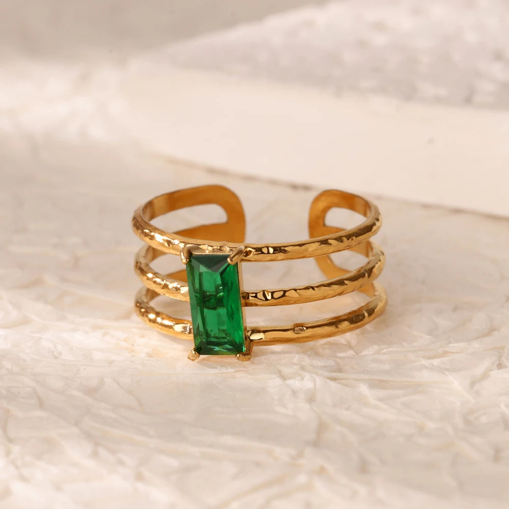 Grüne Zirkonia Herzringe für Damen, Vintage Goldfarben, Edelstahl, offener Ring, modischer ästhetischer Schmuck, Hochzeitsgeschenk