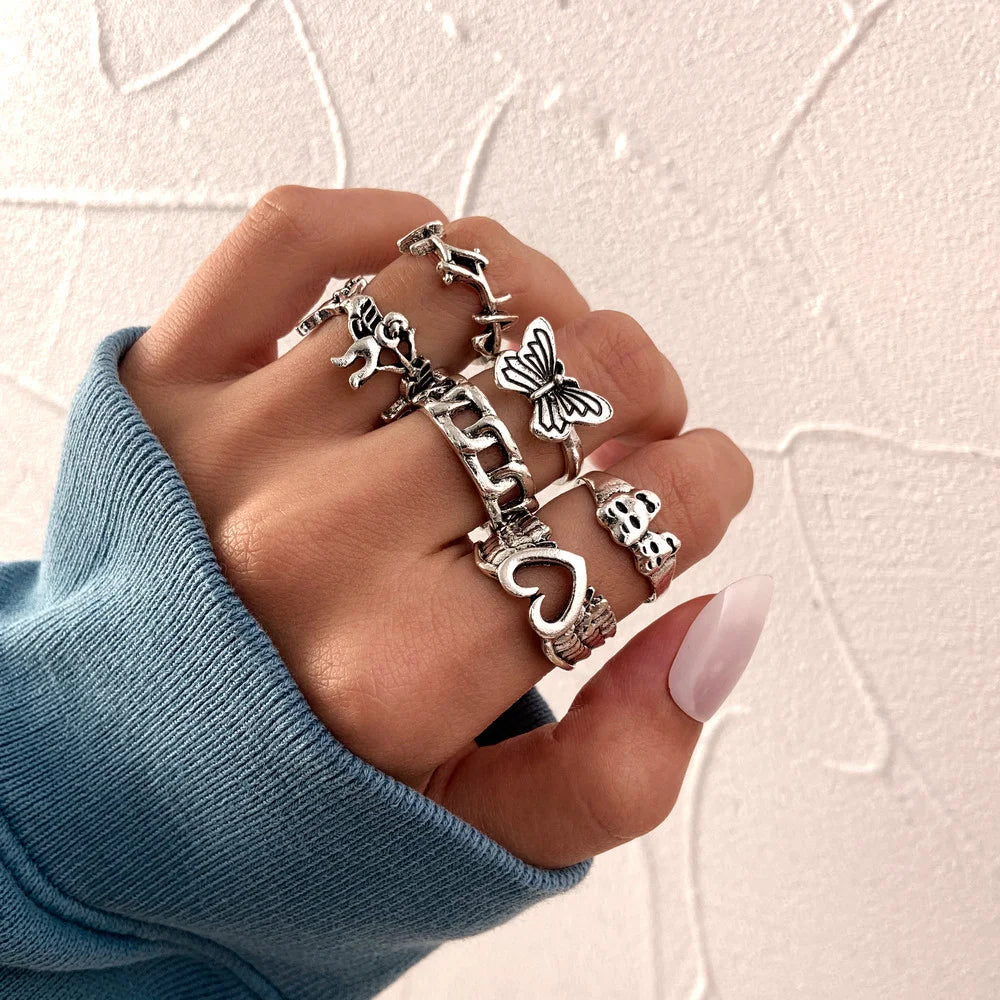 Punk Gothic Skelett Unisex Ring Set Grunge Schmetterling Frosch Frau Mann Schmuck Hip Hop Party Street Ring 2024 Neues Schmuckgeschenk