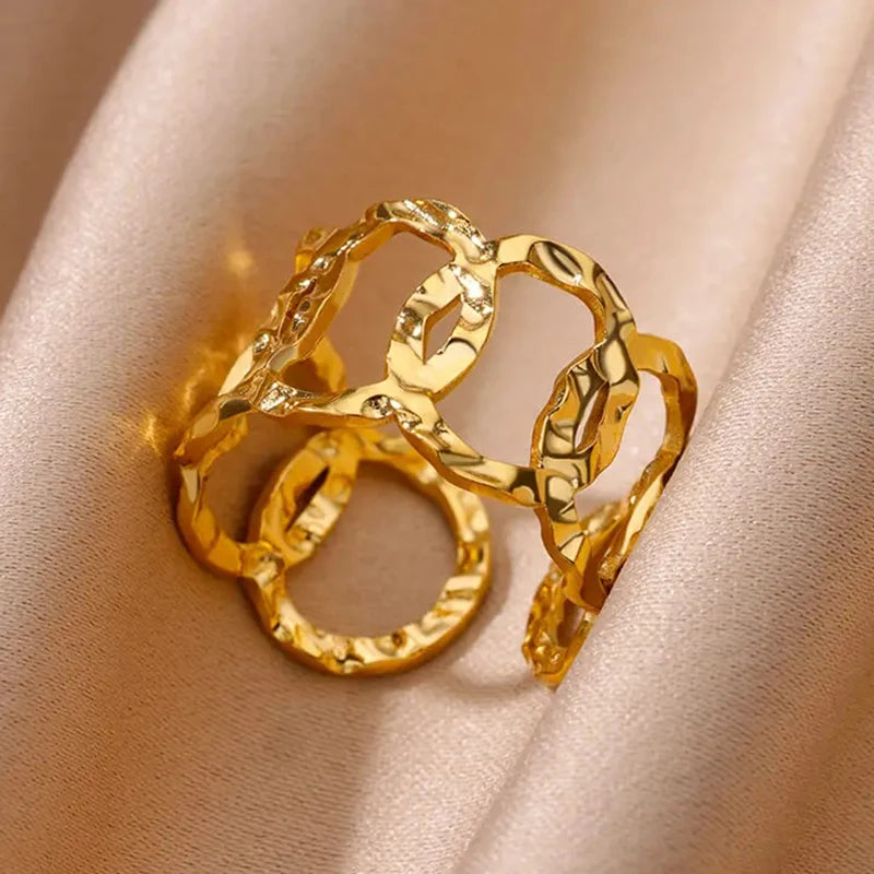 Edelstahl Blumenringe für Frauen Goldfarbe Muschel Seestern Mehrschichtiger Aushöhlungsring Modeschmuck Hochzeitsgeschenke