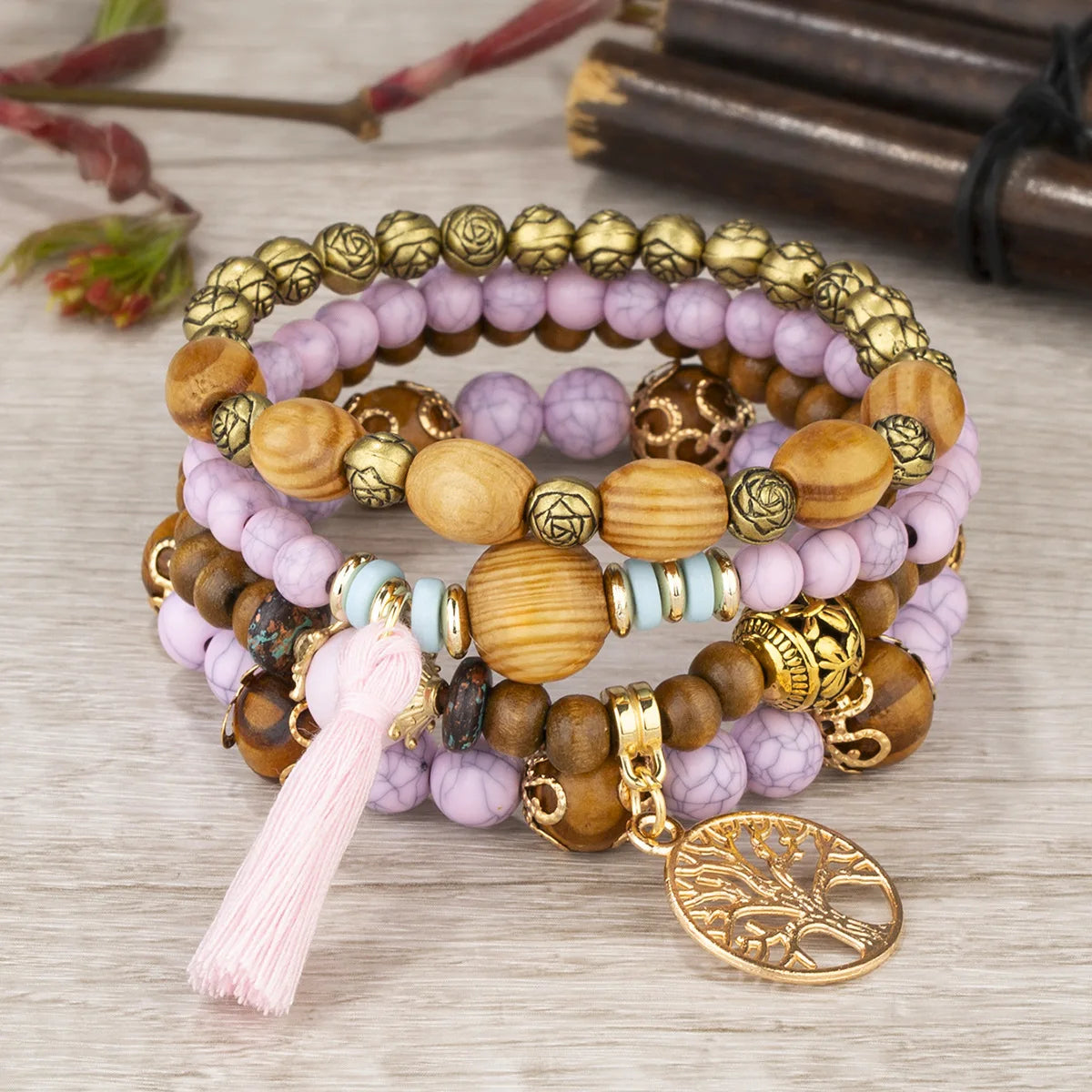 4 Stück Bohemia Lebensbaum Charm Perlenarmband Set für Damen Handgemachte Holzperlen Kette Armreif Weiblicher Boho Schmuck