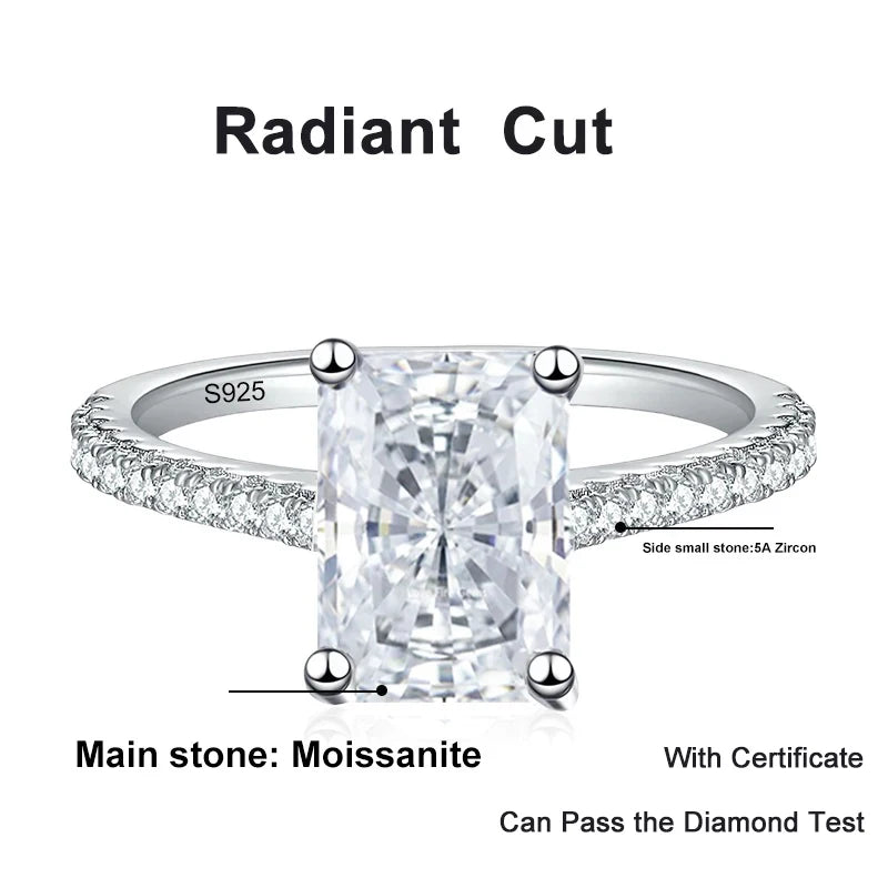 Anillo de moissanita NeeTim 1CT 2CT talla esmeralda radiante para mujer, compromiso, boda, laboratorio de diamantes de plata de ley 925, anillos de joyería