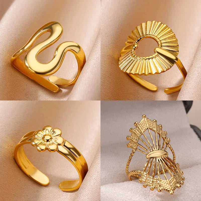 Unregelmäßige geometrische glänzende Edelstahl-Offene Ringe für Frauen Minimalistischer Goldfarbener Verstellbarer Ehering Damenschmuck