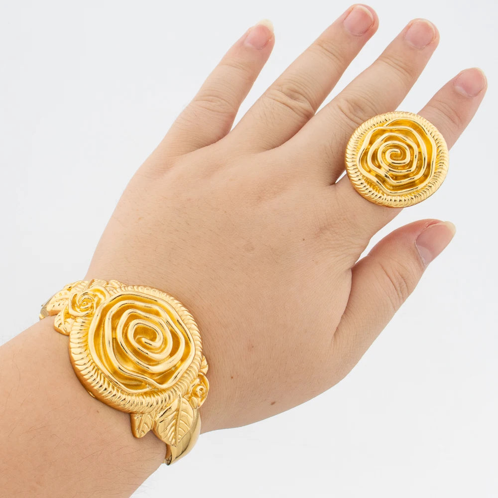 Leoparden-Design Armreif und Ring Schmuckset Vergoldet Afrikanisches Armband Verstellbarer Ring Hochzeiten Brautschmuck Accessoires