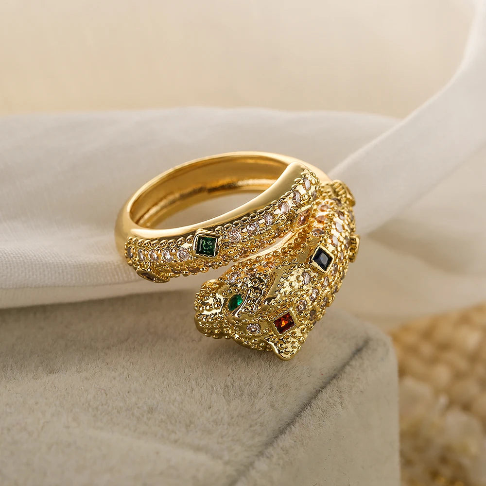 NEWBUY Hochwertiger Modeschmuck Großer Tierring für Frauen Mädchen Party Schmuck Goldfarbe Zirkon Leopard Offener Ring Großhandel