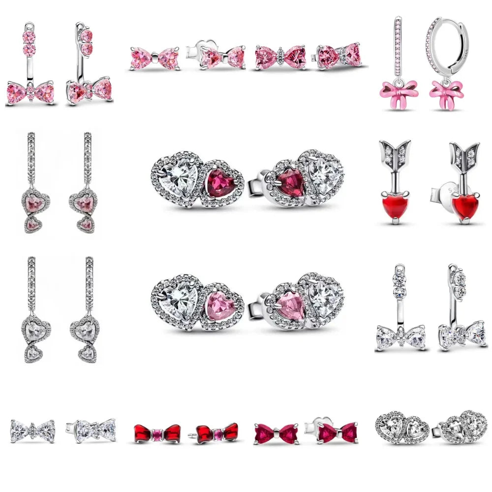 Pendientes de tuerca europeos nuevos de plata 925 con piedra blanca y rosa, lazo rojo, aptos para mujer, festival, exquisitos abalorios de joyería, regalos