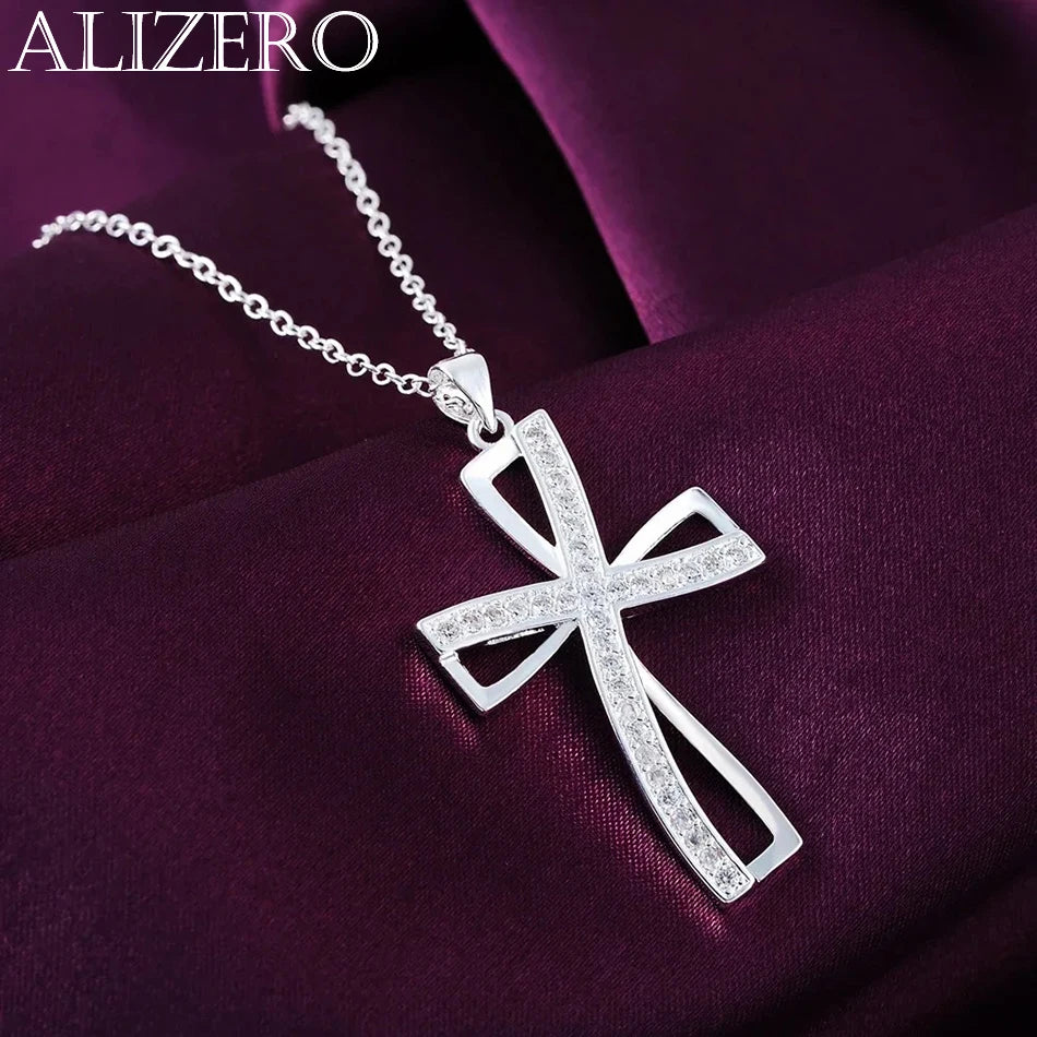 Promociones Collar de 45cm de plata de ley 925 con dije para mujer, colgante de cruz de cristal, cadena de joyería, moda, lindo, fiesta de boda