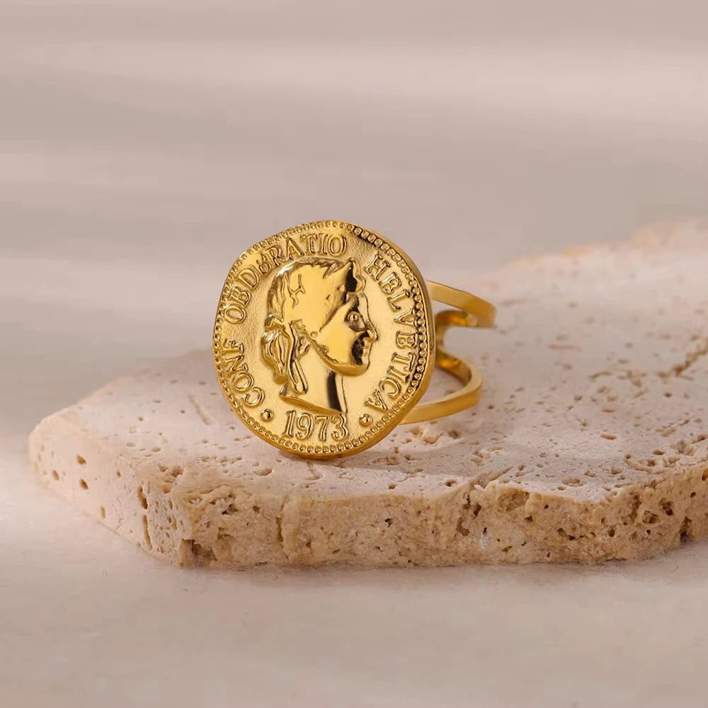 Anillos de Monedas de la Diosa Arethusa de la Antigua Grecia Vintage para Mujeres Imitación Perla Zircon Luna Anillo de Acero Inoxidable Joyería de Moda