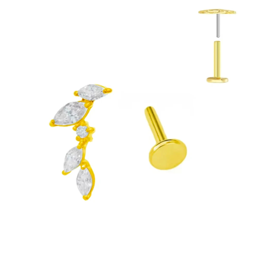 ASTM F136 G23 Titan Blattzweig Push-In Threadless Labret Piercing 16/18/20G Ohrstecker Knorpel Großhandel Körperschmuck
