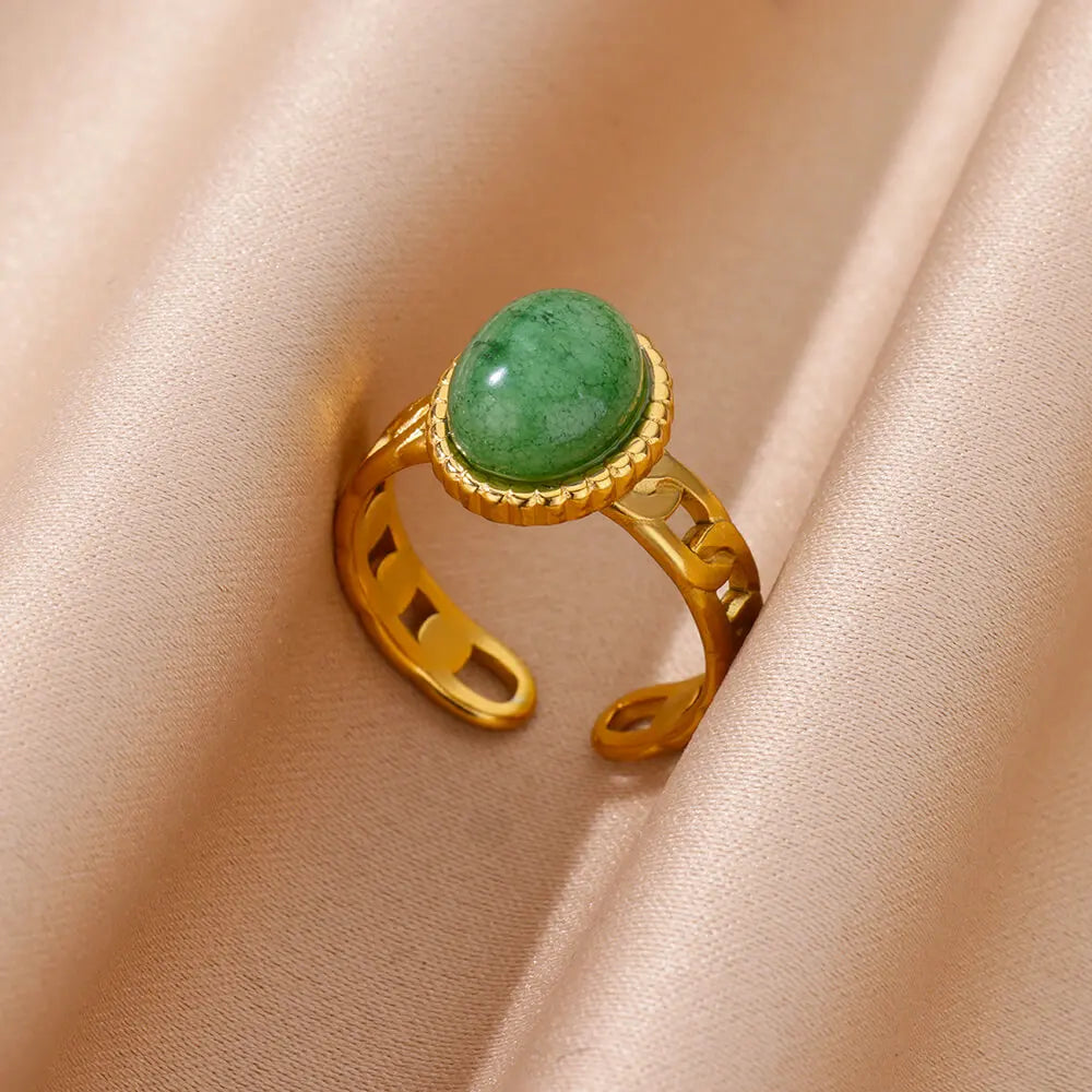 Edelstahl glatt doppelte Kugelperlenringe für Frauen Vintage Opal Natursteinring Mode Goldfarbe Ästhetischer Schmuck